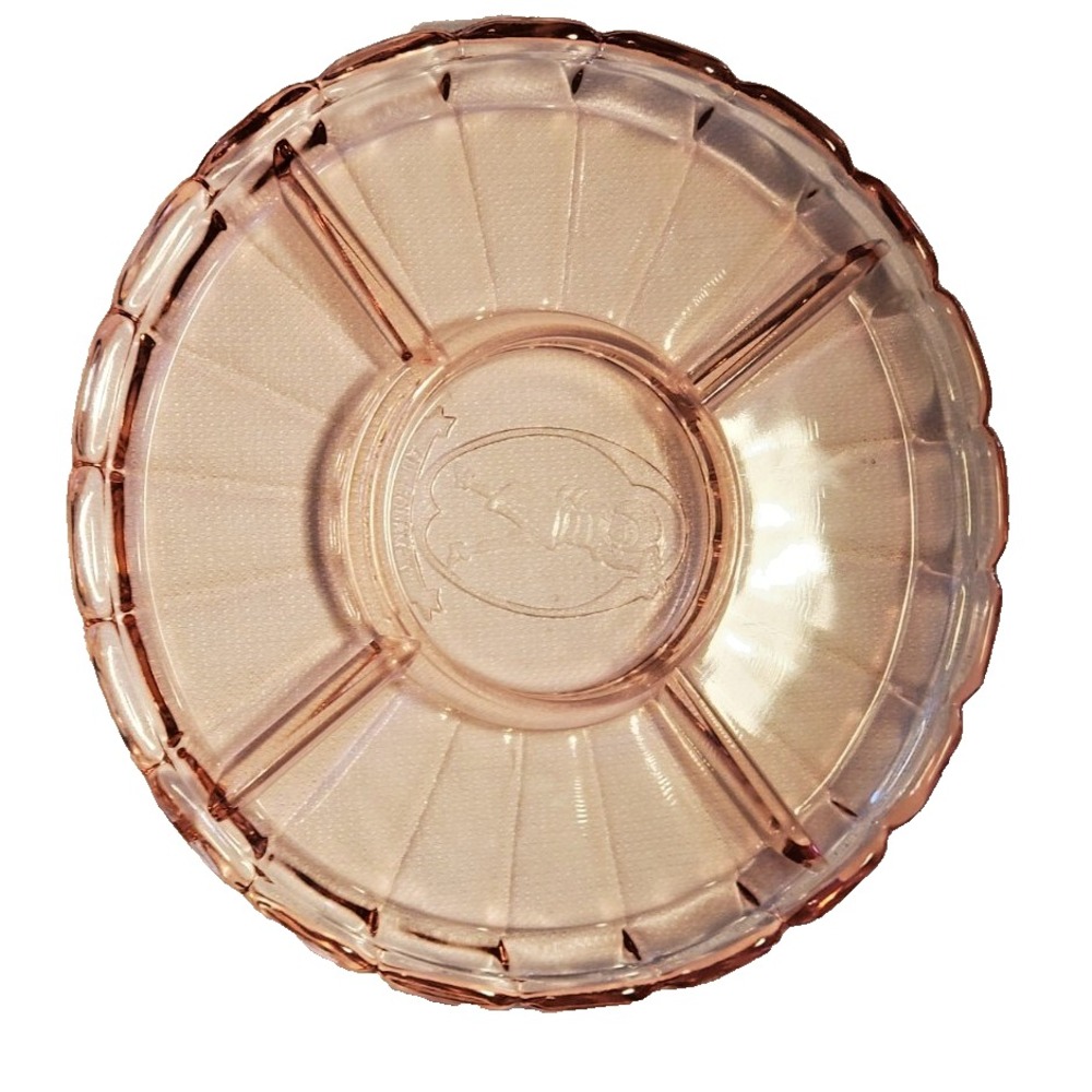 Vintage Pink Depression Glass Divided Tray Advertising Give Away "Au Gourmet" NY
